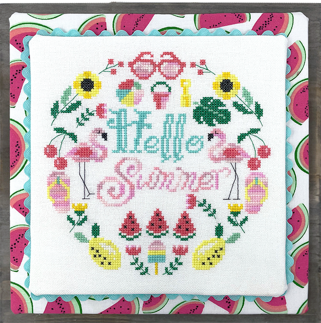 Summer motifs with flamingo fruit and sunglasses with words hello summer