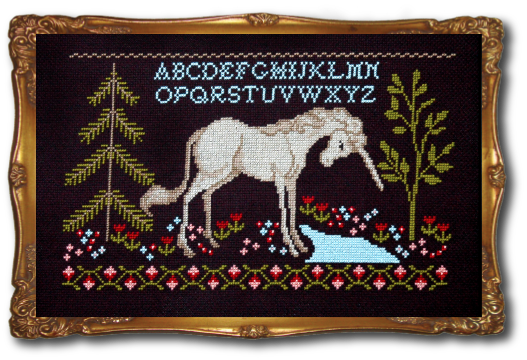 Unicorn in forest by river in a frame