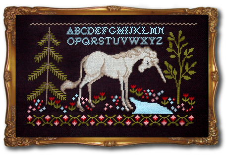 Unicorn in forest by river in a frame